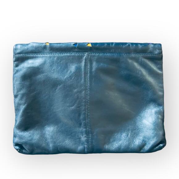 Pioneer Vintage 80s Navy Blue Leather Fold Over Clutch Purse w/ Fabric Cut Outs - Picture 2 of 15
